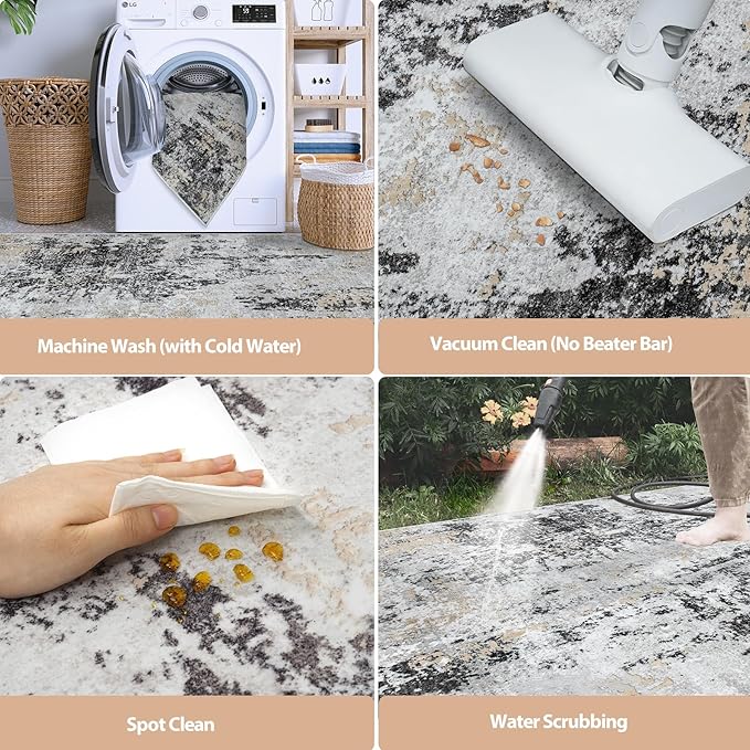 4x6 Area Rugs for Living Room Rug Washable: Abstract Rug for Dining Room Bedroom Carpet Non Slip 4 by 6 Indoor Modern Nursery Home Office Black Grey Gold