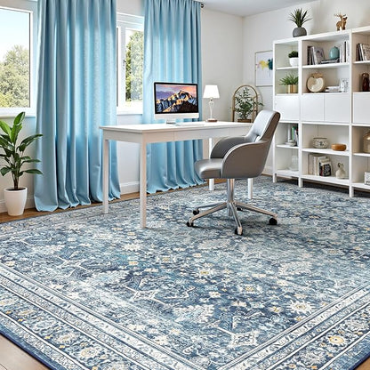 Lofus 9x12 Area Rug for Living Room,Blue Washable Area Rugs with Non-Slip Backing,Soft Boho Carpets for Bedroom Dining Room Home Office Indoor Nursery