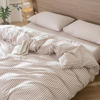 MooMee Striped Duvet Cover Set 100% Washed Cotton Linen Like Textured Breathable Durable Soft Comfy (Orange Classic Stripes, Twin 68"x90")