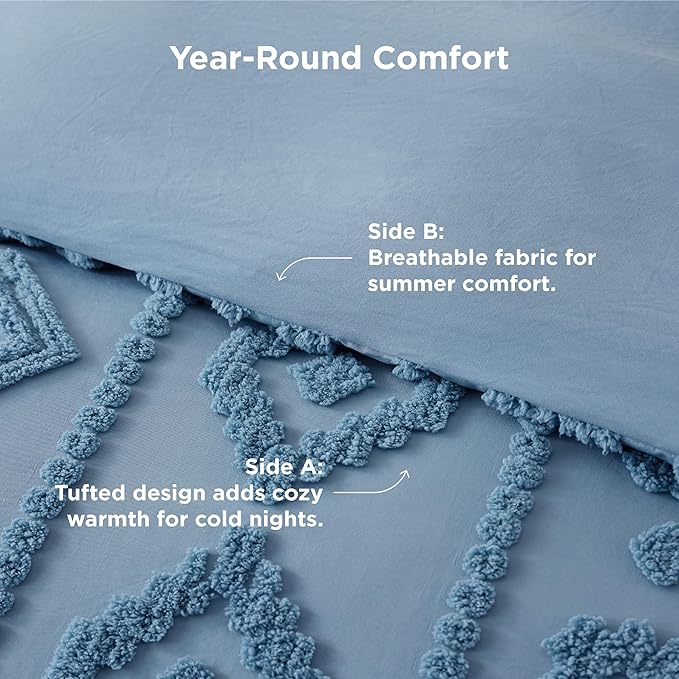 Bedsure King Size Comforter Set - Grayish Blue Tufted Boho Bed Set, Farmhouse Shabby Chic Embroidery Bedding for All Seasons, 3 Pieces, 1 Soft Jacquard King Comforter and 2 Pillow Shams