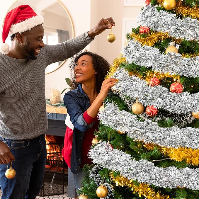 50FT Silver Tinsel Christmas Garland Metallic Twist Garland Shiny Hanging Tinsel for Christmas Tree Party Supplies Indoor Outdoor Home Xmas Decoration (Silver)