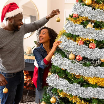 50FT Silver Tinsel Christmas Garland Metallic Twist Garland Shiny Hanging Tinsel for Christmas Tree Party Supplies Indoor Outdoor Home Xmas Decoration (Silver)