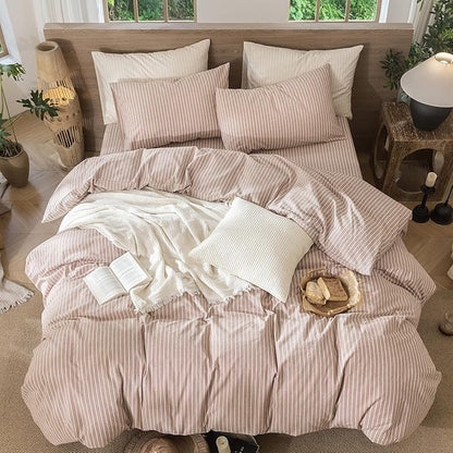 MooMee Striped Duvet Cover Set 100% Washed Cotton Linen Like Textured Breathable Durable Soft Comfy (Orange White Wide Stripes, King 104"x90")