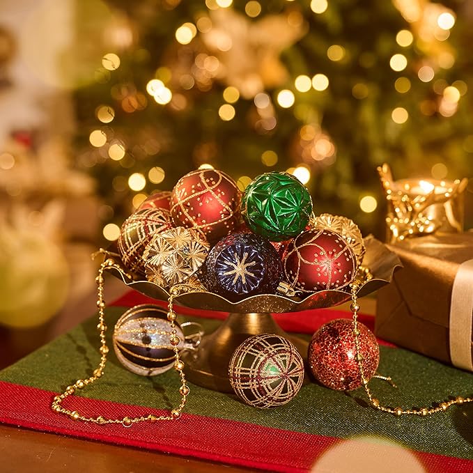 Valery Madelyn Ornaments for Christmas Trees, 9ct 2.36 Inches Red Green and Gold Shatterproof Christmas Tree Decorations, Luxury Hanging Ball Ornaments for Xmas Holiday Party Decor