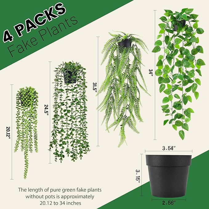 Der Rose 4Pcs Fake Plants Hanging Artificial Ivy Vine Faux Eucalyptus Hanging Plants, Boston Fern, String of Pearls for Living Room Bedroom Boho Wall Shelf Indoor Outdoor Decor