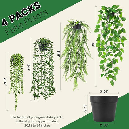 Der Rose 4Pcs Fake Plants Hanging Artificial Ivy Vine Faux Eucalyptus Hanging Plants, Boston Fern, String of Pearls for Living Room Bedroom Boho Wall Shelf Indoor Outdoor Decor