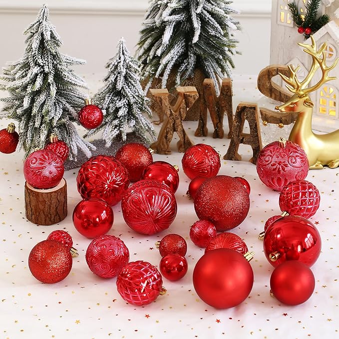 Red Christmas Ball Ornaments Christmas Tree Decorations 36pcs Shatterproof Christmas Ornaments Set with 6 Styles in 3 Sizes(Small Medium Large)