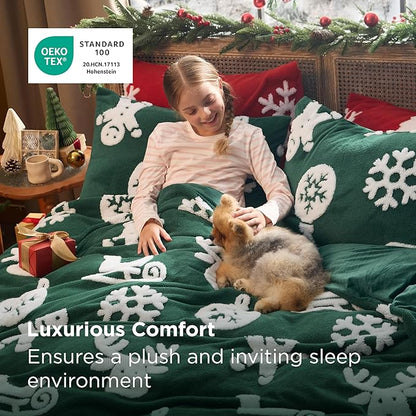 Bedsure Fluffy Christmas Duvet Cover Set - Ultra Soft Plush Shaggy Comforter Cover King Size, Warm Flannel Fleece Bed Sets for Winter, 3 Pieces, Gingerbread Man Pattern, Green