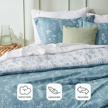 Bedsure Full Comforter Set - Mineral Blue Bed Set, 3 Pieces Cute Floral Bedding, 1 Soft Reversible Botanical Flowers Comforter and 2 Pillow Shams