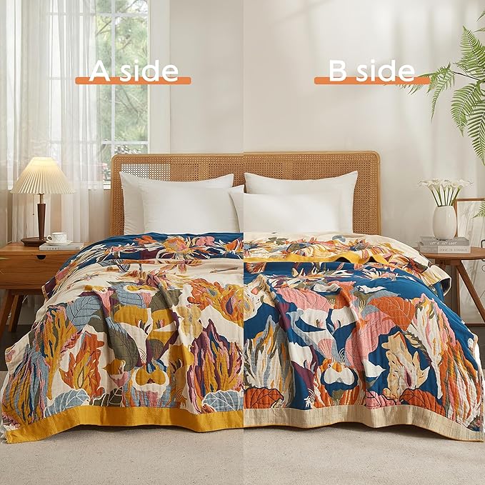 Boho Throw Blanket 100% Cotton Woven Ultra Soft 4-Layer Muslin Quilt Farmhouse Bed Blanket Cover 60"x80", Floral