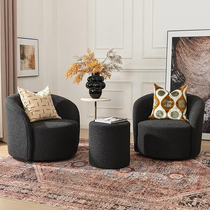 KINWELL 34" Boucle Swivel Barrel Chair with 18" Round Ottoman Set, Fully Assembled Set of Sherpa Accent Chair and Footrest, Modern Comfy Armchair and Footstool for Living Room and Bedroom, Black