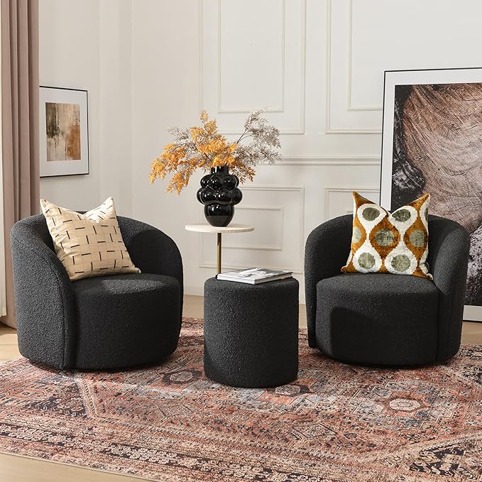 KINWELL 34" W Swivel Barrel Chair Set of 2, Mid Century Modern Round Upholstered Boucle Swivel Accent Chairs, No Assembly  Chair for Living Room Bedroom Reading, Black