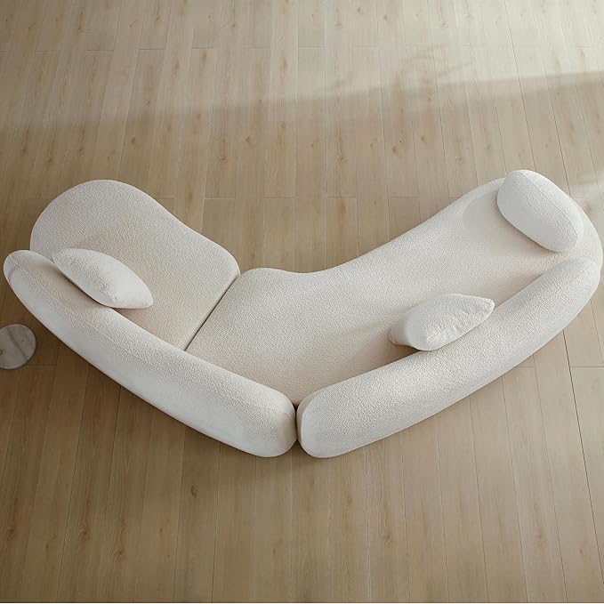 128" Luxury Curved Sectional Sofa with Ottoman, 6-Seater Boucle Couch Cloud Like Modular Sofa, Curved Sofas for Living Room, Luxury Couches with Butterfly Backrest Pillows (White)