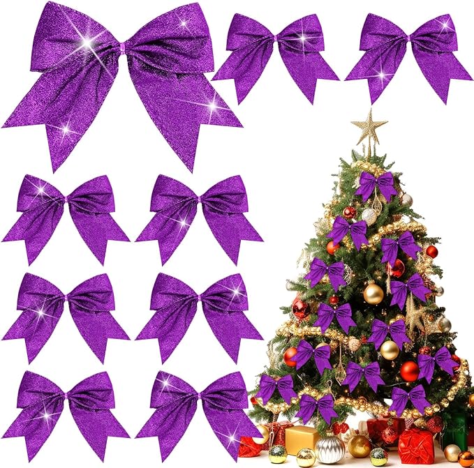Cindeer 24 Pcs Purple Christmas Bow Decorations 6 x 6 Inches, Glitter Holiday Ornaments Sequin Ties Bows for Xmas Tree, Wreath, DIY Crafts, Gift Wrapping, Party Decor