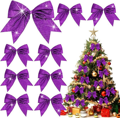 Cindeer 24 Pcs Purple Christmas Bow Decorations 6 x 6 Inches, Glitter Holiday Ornaments Sequin Ties Bows for Xmas Tree, Wreath, DIY Crafts, Gift Wrapping, Party Decor