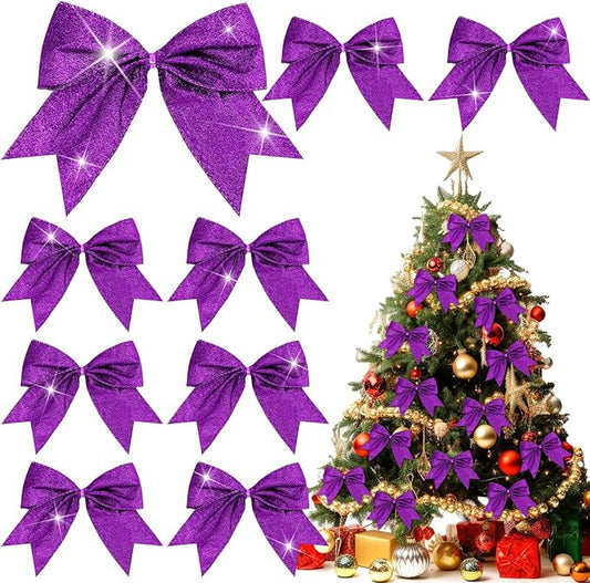 Cindeer 24 Pcs Purple Christmas Bow Decorations 6 x 6 Inches, Glitter Holiday Ornaments Sequin Ties Bows for Xmas Tree, Wreath, DIY Crafts, Gift Wrapping, Party Decor
