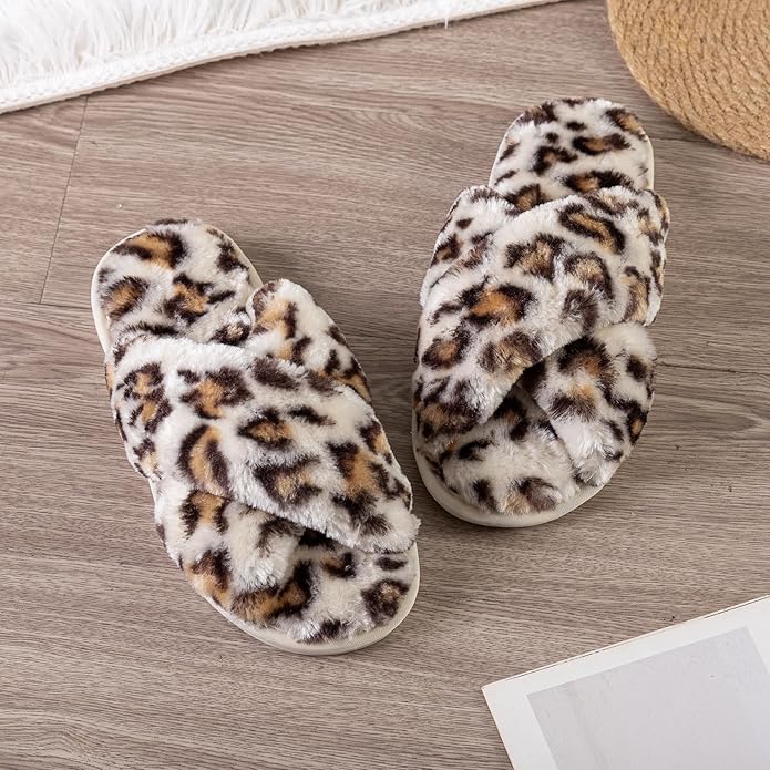 Women's Slipper Memory Foam Cross Band Fuzzy Slippers Open Toe Cozy House Slippers Cozy Plush Bedroom Indoor Outdoor