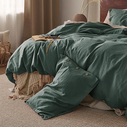 Bedsure Linen Duvet Cover King - Linen Cotton Blend Bedding Set, Soft & Cozy, 3 Pieces, 1 Duvet Cover 104x90 Inches and 2 Pillowcases, Dark Green Color Cooling Bedding, Comforter Sold Separately