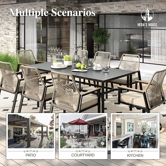 HERA'S HOUSE 9 Pieces Outdoor Dining Set, Patio Table and Chairs Set for 8, 8 x Rattan Swivel Chairs and 1 x 60 Square Dining Table, Outdoor Dining Table Set for Lawn Garden Backyard