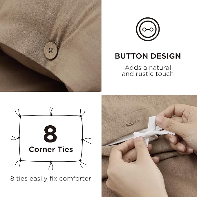 Bedsure Linen Duvet Cover Queen - Linen Cotton Blend Bedding Set, Soft & Cozy, 3 Pieces, 1 Duvet Cover 90x90 Inches and 2 Pillowcases, Brown Color Cooling Bedding, Comforter Sold Separately