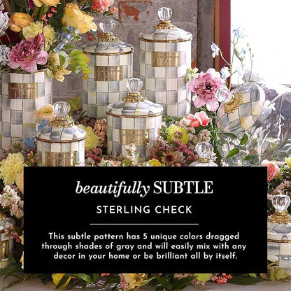 MACKENZIE-CHILDS Enamel Mug, Cute Enamelware Coffee and Tea Mug, Unique Drinkware, 16 Ounces, Gray-and-White Sterling Check, Set of 4