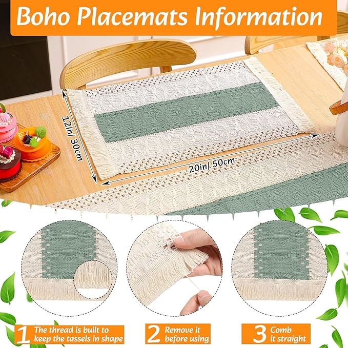 4 Sets Boho Placemats Round Woven Placemats, Cloth Napkins, Wood Bead Napkin Rings, Long Table Runner and Farmhouse Rustic Natural Burlap Cotton for Kitchen Table Home (Green)