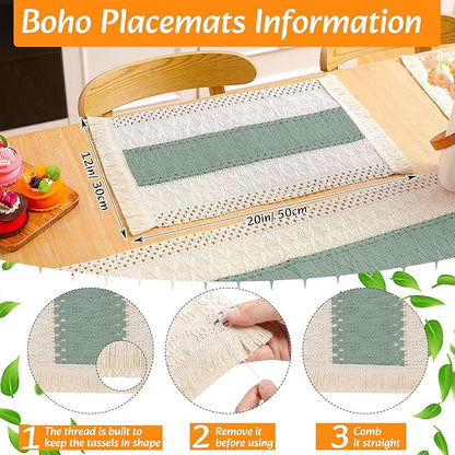 4 Sets Boho Placemats Round Woven Placemats, Cloth Napkins, Wood Bead Napkin Rings, Long Table Runner and Farmhouse Rustic Natural Burlap Cotton for Kitchen Table Home (Green)