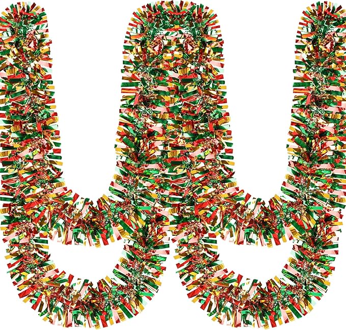 50Ft Christmas Tinsel Garland Red Green and Gold Xmas Tree Decorations Metallic Glitter Twist Garland for Christmas Decorations Anniversary Birthday Wedding Holiday Supplies Indoor Outdoor Supplies