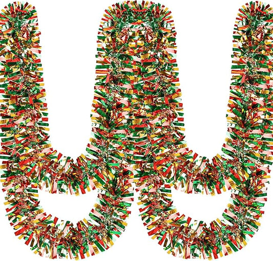50Ft Christmas Tinsel Garland Red Green and Gold Xmas Tree Decorations Metallic Glitter Twist Garland for Christmas Decorations Anniversary Birthday Wedding Holiday Supplies Indoor Outdoor Supplies