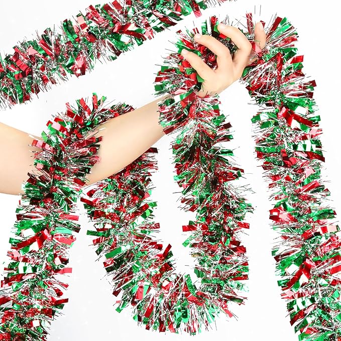 50 FT Christmas Tinsel Garland Metallic Tinsel Twist Shiny Christmas Tree Hanging Garland Decorations for Christmas Party Supplies Indoor and Outdoor Decoration (Red, Green and Silver)