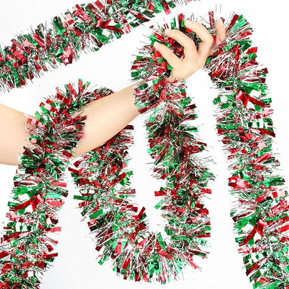 50 FT Christmas Tinsel Garland Metallic Tinsel Twist Shiny Christmas Tree Hanging Garland Decorations for Christmas Party Supplies Indoor and Outdoor Decoration (Red, Green and Silver)
