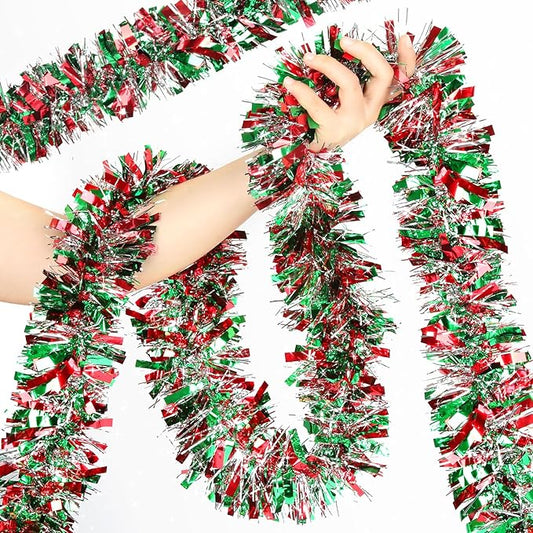 50 FT Christmas Tinsel Garland Metallic Tinsel Twist Shiny Christmas Tree Hanging Garland Decorations for Christmas Party Supplies Indoor and Outdoor Decoration (Red, Green and Silver)