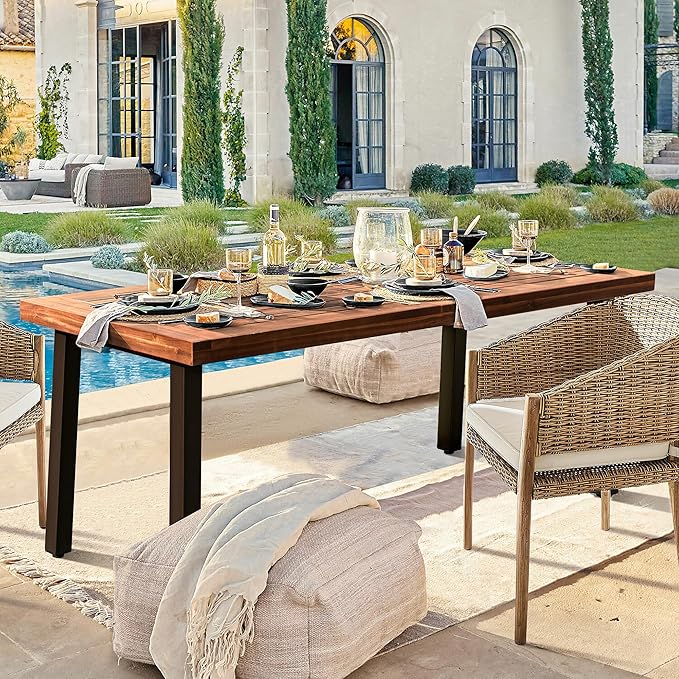 Devoko Home Acacia Wood Dining Table 6-Person Indoor Outdoor Table with Iron Legs, Sandblast Finish, Natural Stained, Rustic Metal, 69 * 33 * 30 inch (Walnut Brown)