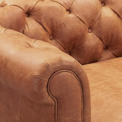 POLY & BARK Lyon Leather Lounge Chairs 49" - Set of 2 - Cognac Tan Full-Grain Leather – Modern Upholstered Accent Chairs for Living Room or Bedroom – Indoor Lounge Seating with Lasting Comfort