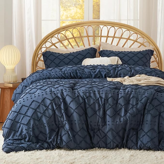 Bedsure Full Comforter Set - Navy Blue Comforter, Boho Tufted Shabby Chic Bedding for Kids, 3 Pieces Vintage Farmhouse Bed Set for All Seasons, Fluffy Soft Bedding with 2 Pillow Shams