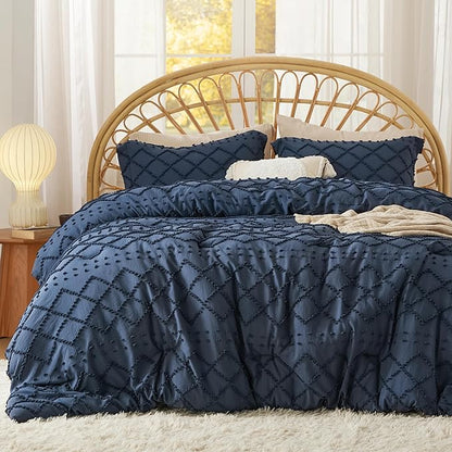 Bedsure Full Comforter Set - Navy Blue Comforter, Boho Tufted Shabby Chic Bedding for Kids, 3 Pieces Vintage Farmhouse Bed Set for All Seasons, Fluffy Soft Bedding with 2 Pillow Shams