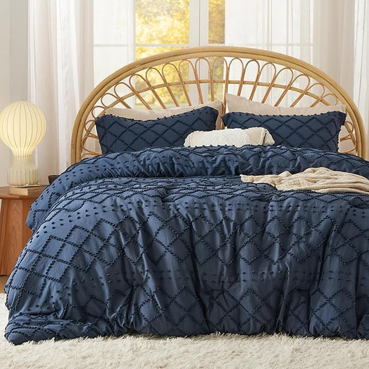 Bedsure California King Comforter Set - Navy Blue Comforter, Boho Tufted Shabby Chic Bedding for Kids, 3 Pieces Vintage Farmhouse Bed Set for All Seasons, Fluffy Soft Bedding with 2 Pillow Shams