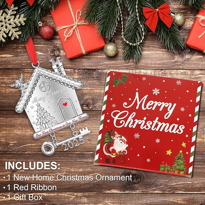 New Home Christmas Ornament 2025, Our First Christmas in New Home House Ornament with 2025 Key Design, Housewarming Gift for New Homeowners, Metal Xmas Tree Decoration Keepsake