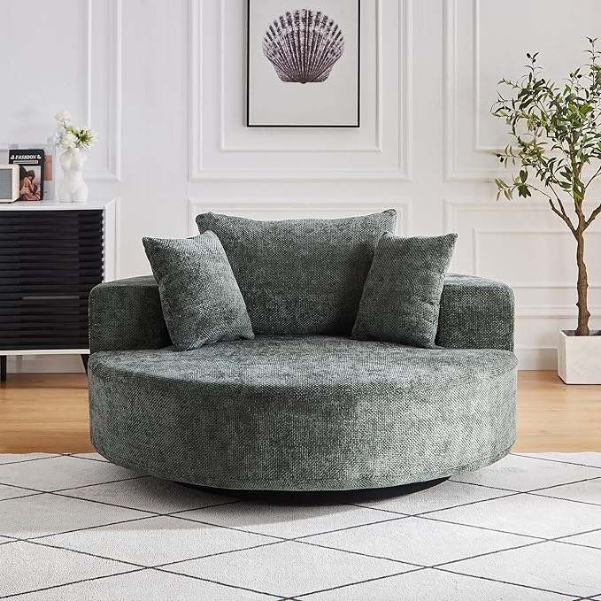 KEIKI 55" Oversized Swivel Accent Chair, Large Barrel Chairs Upholstered Round Swivel Chair, Chenille Single Sofa Armchair, Sleeper Chair for Living Room, Lounge, Green