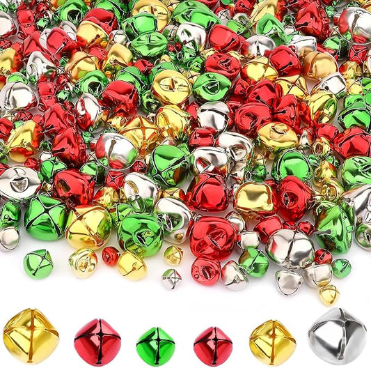 Augshy 240 Pieces Colorful Jingle Bells 4 Colors Mixed Craft Bell Bulk for Christmas Home and Pet Decorations Xmas Decor Party Favors Supplies (0.4/0.6/1 inch)