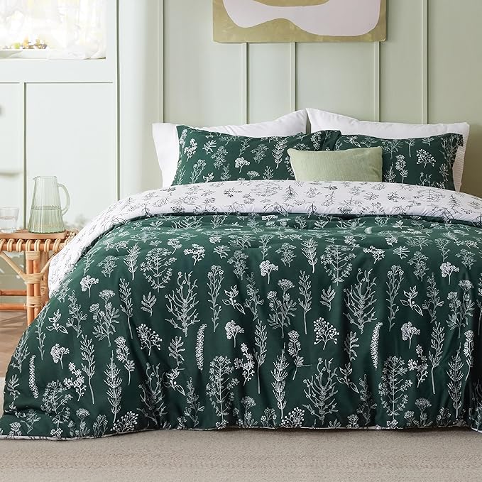 Bedsure California King Comforter Set - Emerald Bed Set, 3 Pieces Cute Floral Bedding, 1 Soft Reversible Botanical Flowers Comforter and 2 Pillow Shams