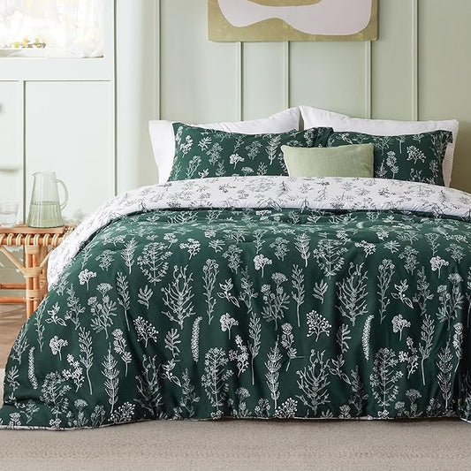 Bedsure Queen Comforter Set - Emerald Bed Set, 3 Pieces Cute Floral Bedding, 1 Soft Reversible Botanical Flowers Comforter and 2 Pillow Shams
