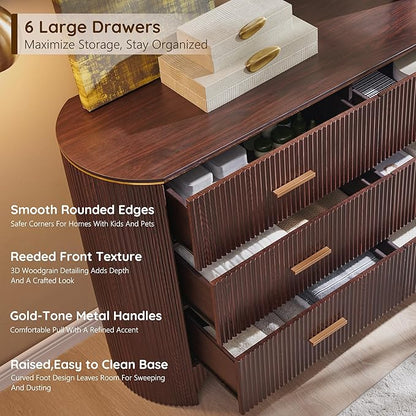 Fluted 6 Drawer Dresser for Bedroom with Curved Profile Design,53.9" W Chest of Drawers with Reeded Texture,Wide Storage Cabinet with Smooth-Glide Drawers,gold metal handle or Living Room,Brown Oak