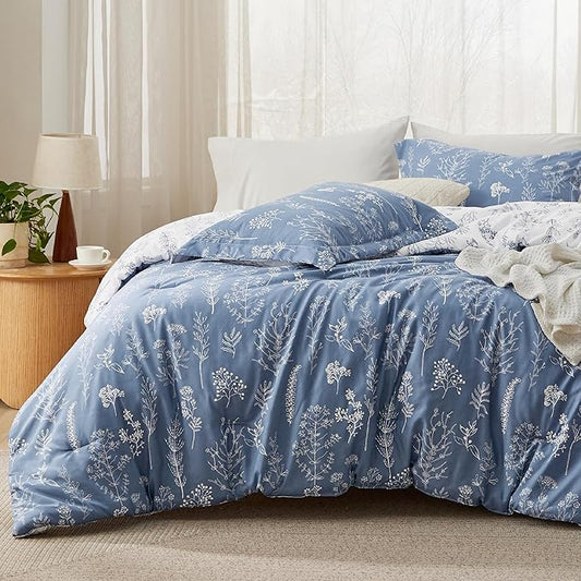 Bedsure Queen Comforter Set - Infinity Blue Bed Set, 3 Pieces Cute Floral Bedding, 1 Soft Reversible Botanical Flowers Comforter and 2 Pillow Shams