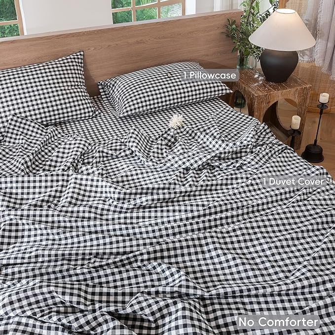 MooMee Gingham Duvet Cover Set 100% Washed Cotton Linen Like Textured Breathable Durable Soft Comfy Modern Checkered Design (Black White Gingham, Twin 68"x90")