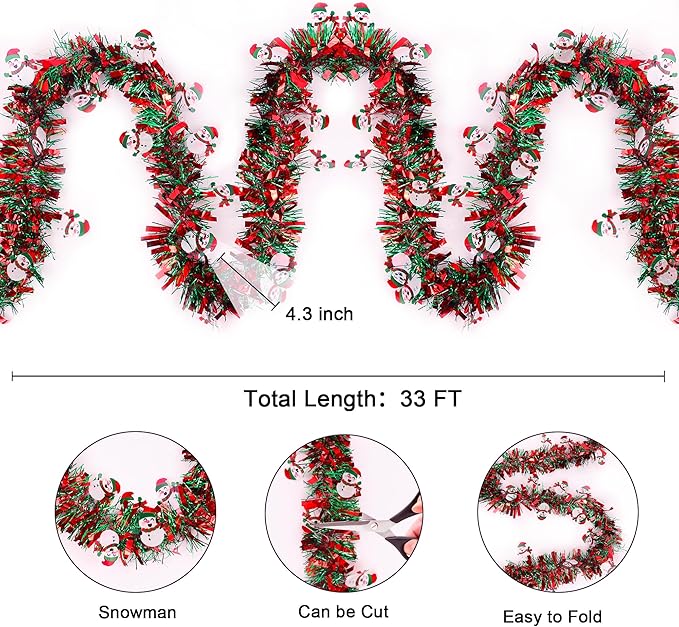 Christmas Garland Xmas Decorations 33 FT Red Green Christmas Tinsel Garland with Snowman Ornaments, Metallic Christmas Tree Garland Indoor Outdoor for Home Mantle Xmas Party Holiday Decor Gifts
