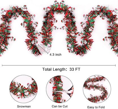 Christmas Garland Xmas Decorations 33 FT Red Green Christmas Tinsel Garland with Snowman Ornaments, Metallic Christmas Tree Garland Indoor Outdoor for Home Mantle Xmas Party Holiday Decor Gifts