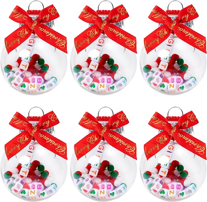 Y1tvei Christmas Ornament Ball Kit - 41Pcs Clear Plastic Fillable DIY Beads Craft Set Pipe Cleaners Pom Poms and Bows Letter Bead Charms Christmas Decor Design, Handmade Making for Party Birthday Gift