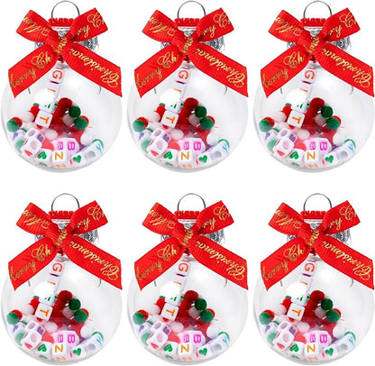 Y1tvei Christmas Ornament Ball Kit - 41Pcs Clear Plastic Fillable DIY Beads Craft Set Pipe Cleaners Pom Poms and Bows Letter Bead Charms Christmas Decor Design, Handmade Making for Party Birthday Gift