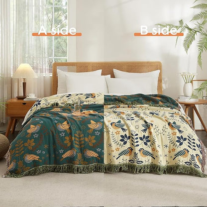 Boho Throw Blanket 100% Cotton Woven Ultra Soft 4-Layer Muslin Quilt Farmhouse Bed Blanket Cover 90"x98", Bird Floral